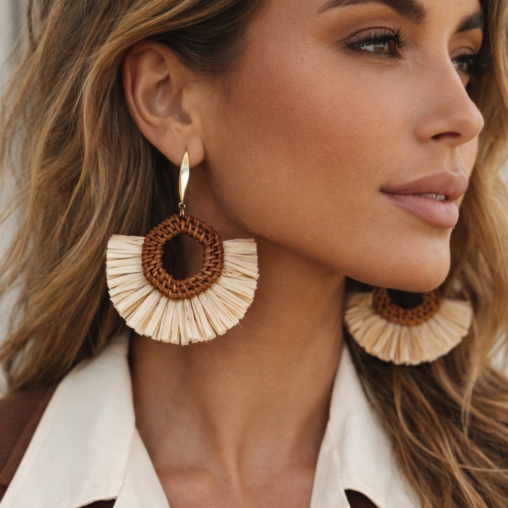 Handwoven Raffia Hoop Drop Earrings - Cream and Brown